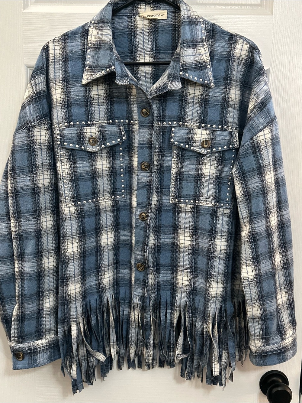 ee:some Blue Plaid Fringe Shacket Jacket Studded Button Front Large